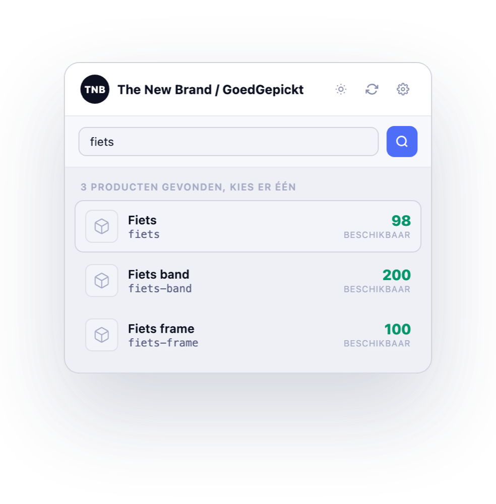 Productkeuze in de GoedGepickt Product Info extensie met meerdere zoekresultaten