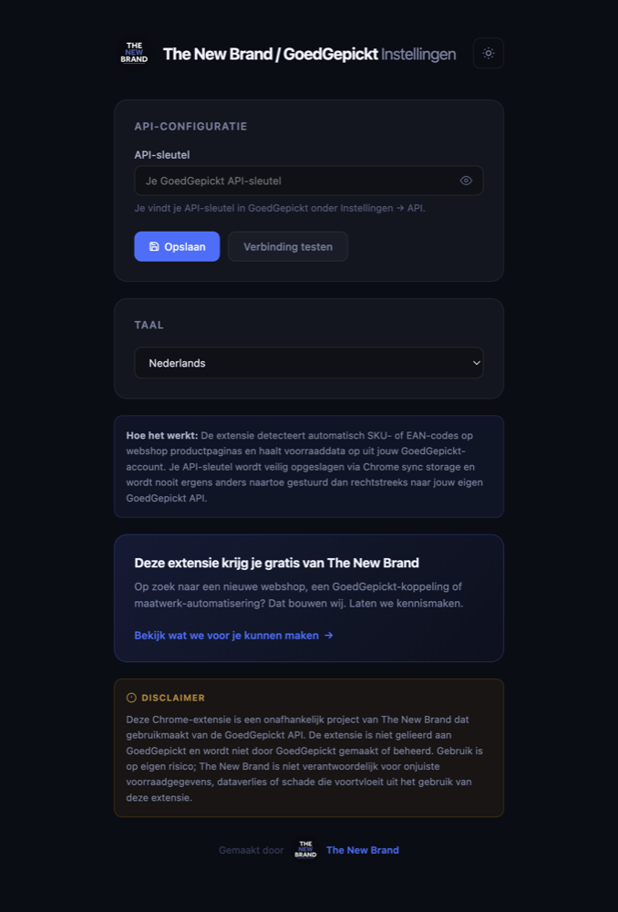 Instellingenscherm van de GoedGepickt Product Info extensie