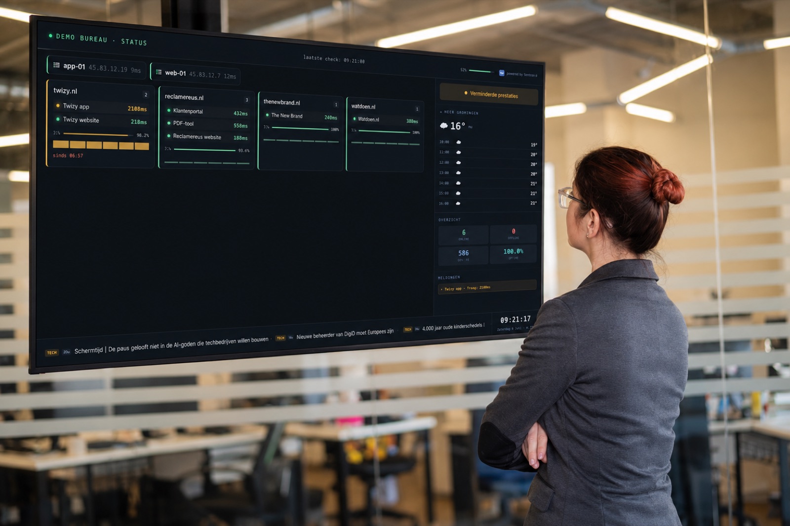 TV-wandbord met live monitoringstatus op kantoor
